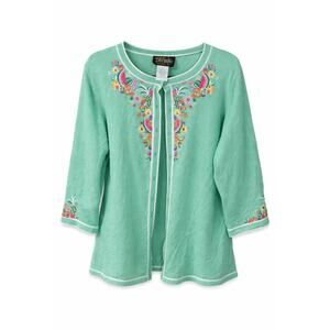 Bob Mackie Wearable Art Cardigan XL Mint Embroidered Floral Boho Grandmacore